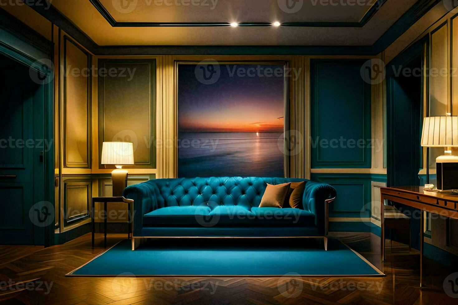 a blue couch in a room with a view of the ocean. AI-Generated photo