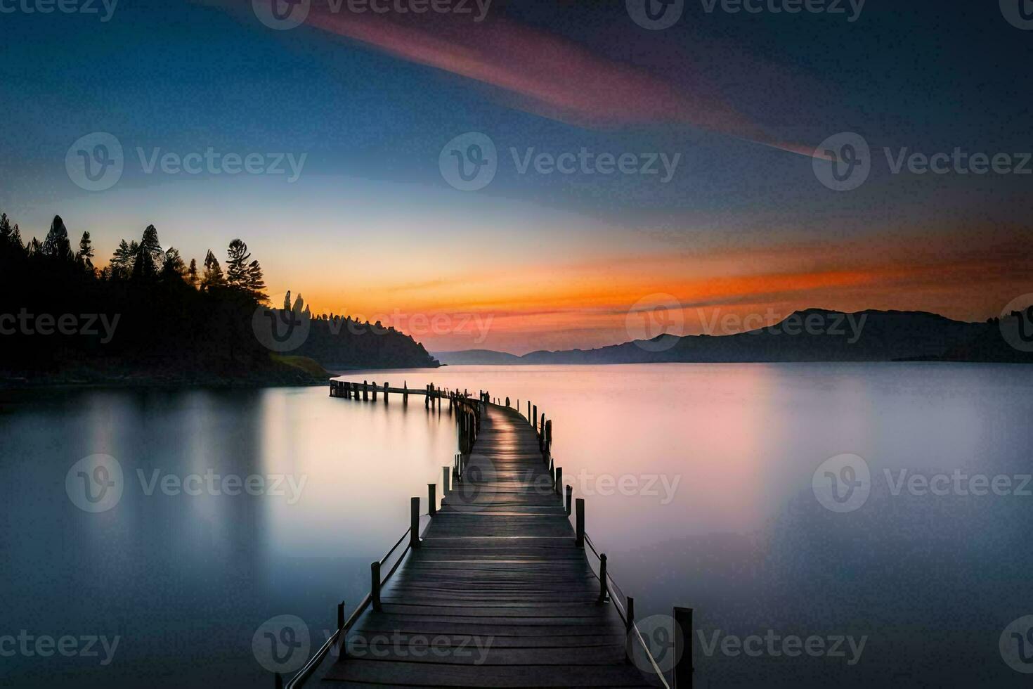 un largo muelle estiramientos fuera dentro el agua a puesta de sol. generado por ai foto