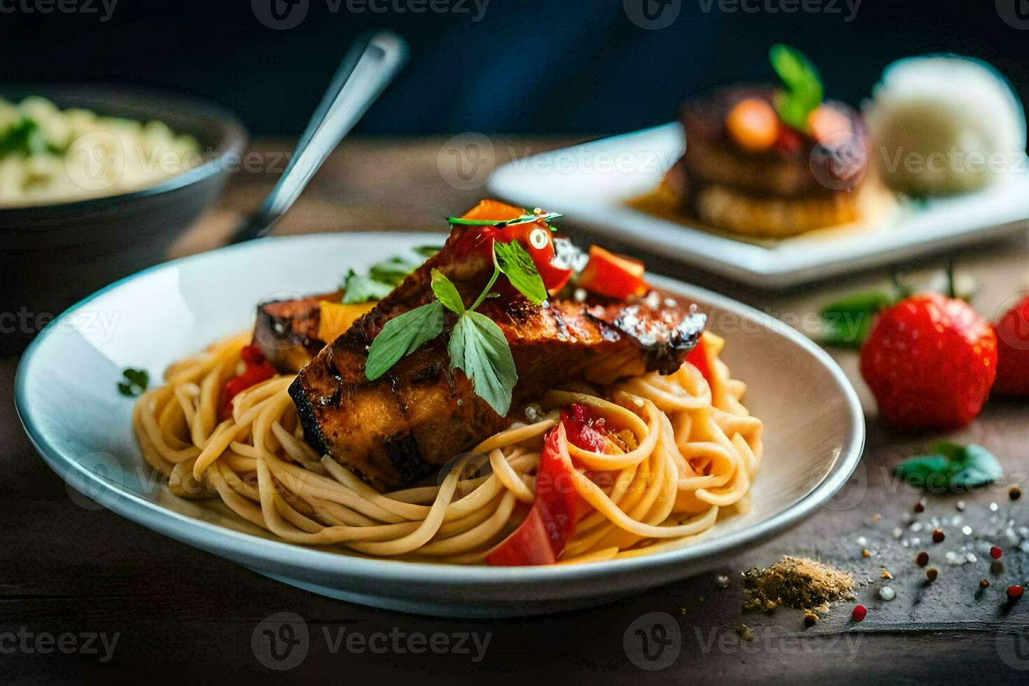 a plate of spaghetti with meat and vegetables. AI-Generated photo