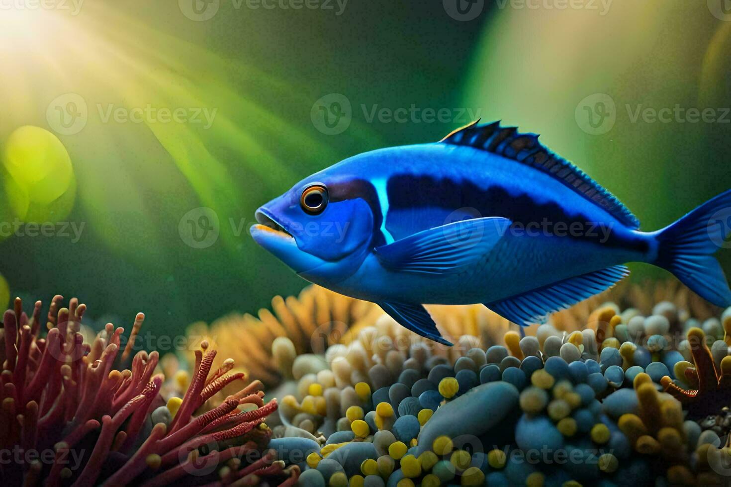 a blue fish swimming in the ocean with coral. AI-Generated photo