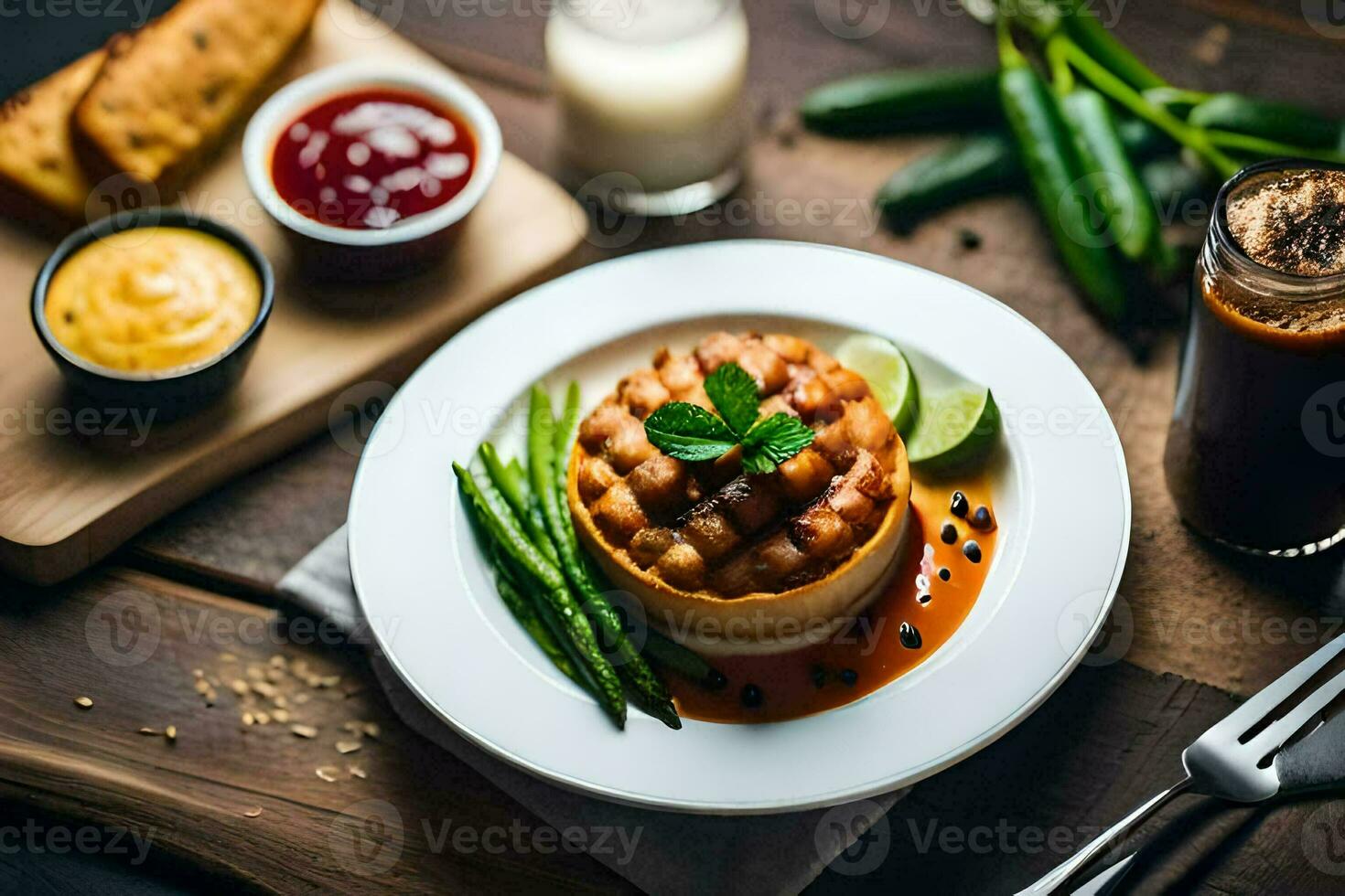 a plate with food and utensils on a wooden table. AI-Generated photo
