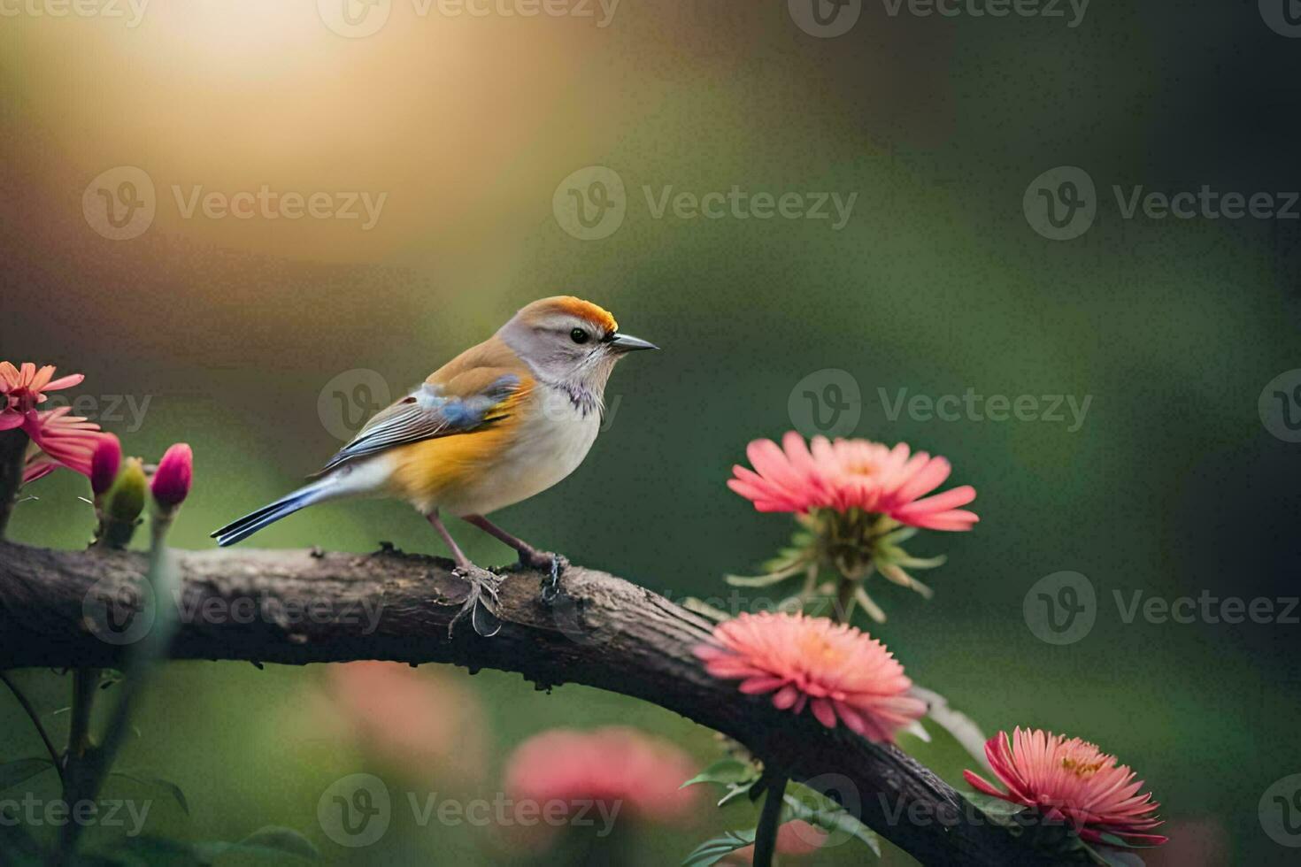 a bird sits on a branch with pink flowers. AI-Generated photo