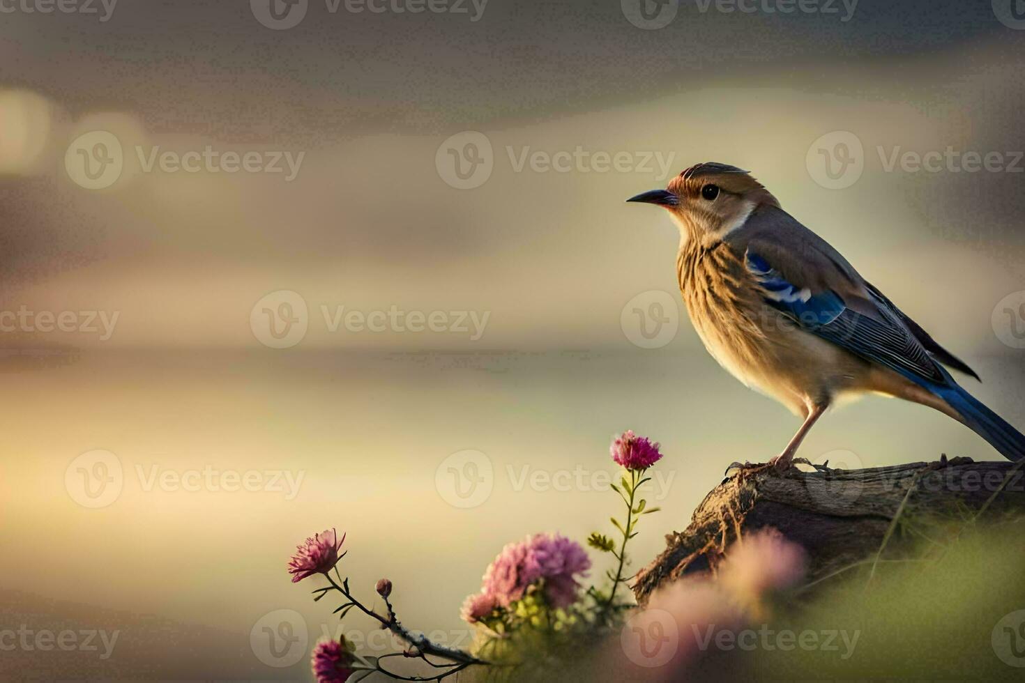 a bird is perched on a branch near flowers. AI-Generated photo
