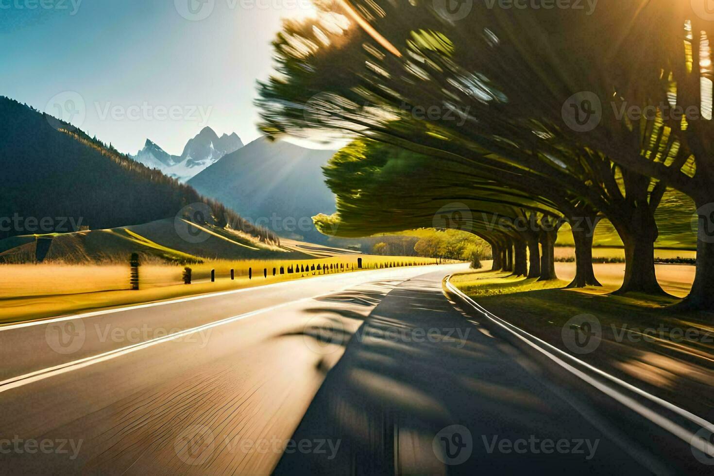 a road with trees and mountains in the background. AI-Generated photo