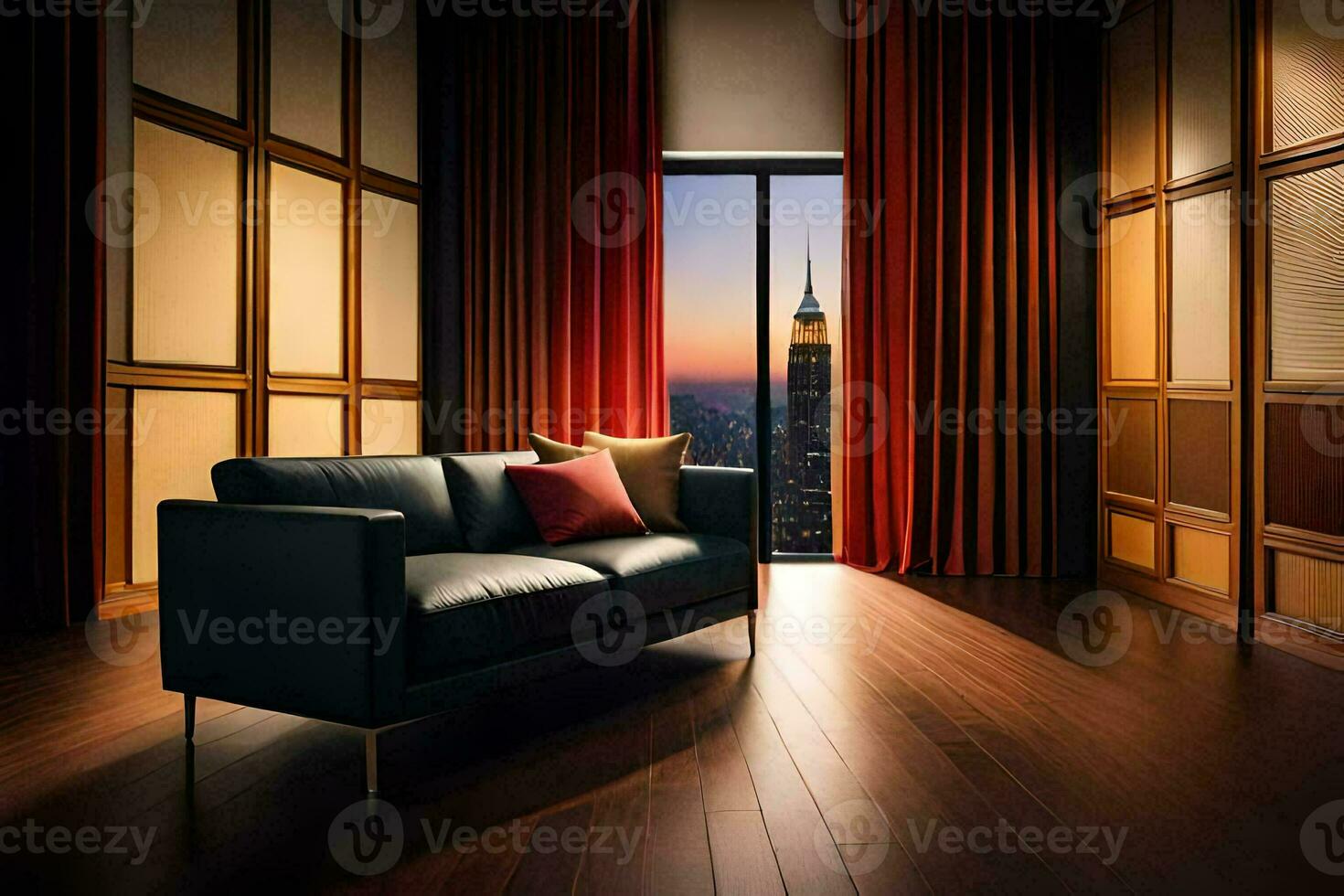 a room with a couch and a view of the city. AI-Generated photo