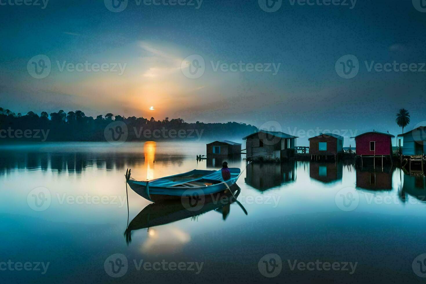 a boat sits on the water at sunrise. AI-Generated photo