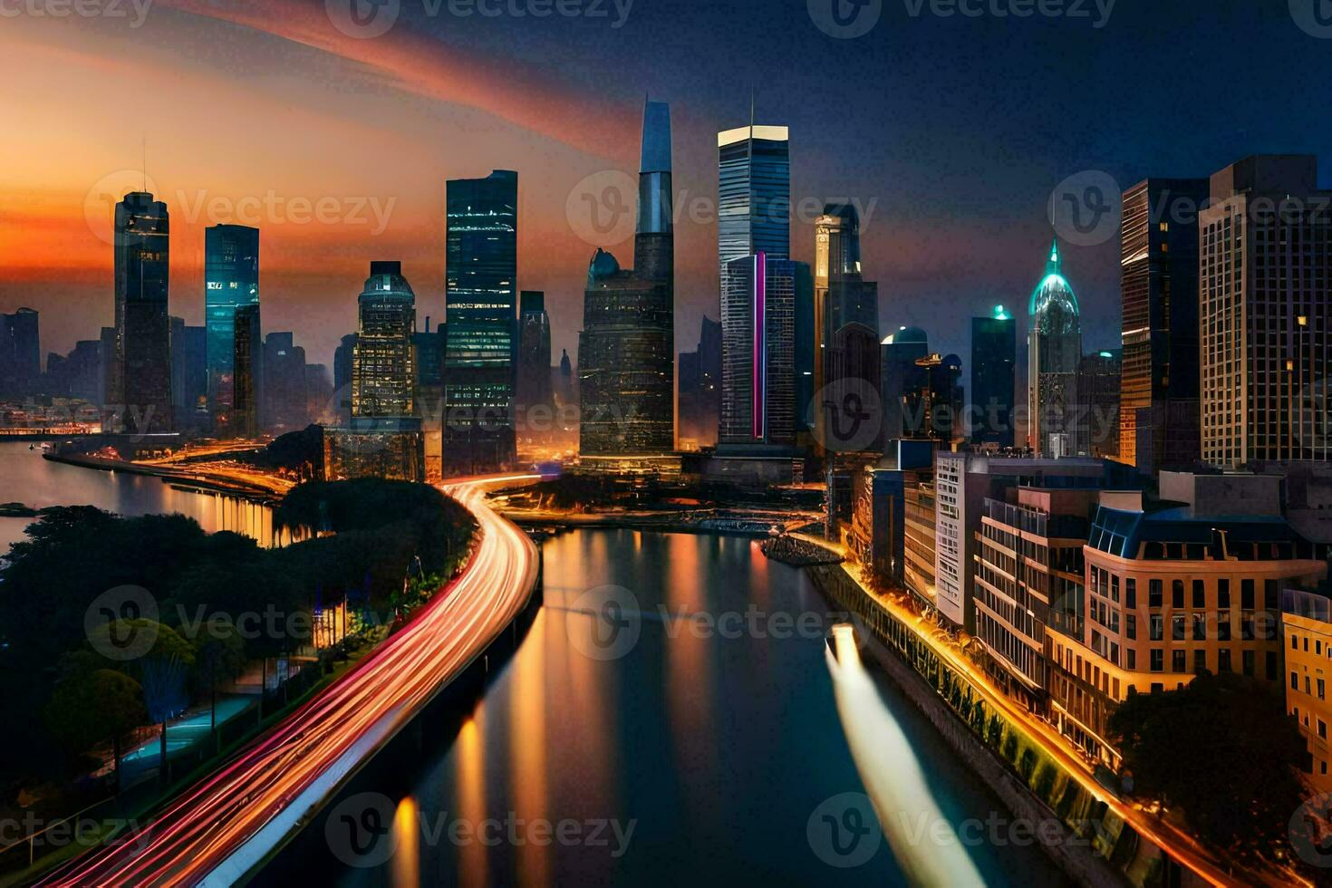 a city skyline at dusk with a river and traffic. AI-Generated photo