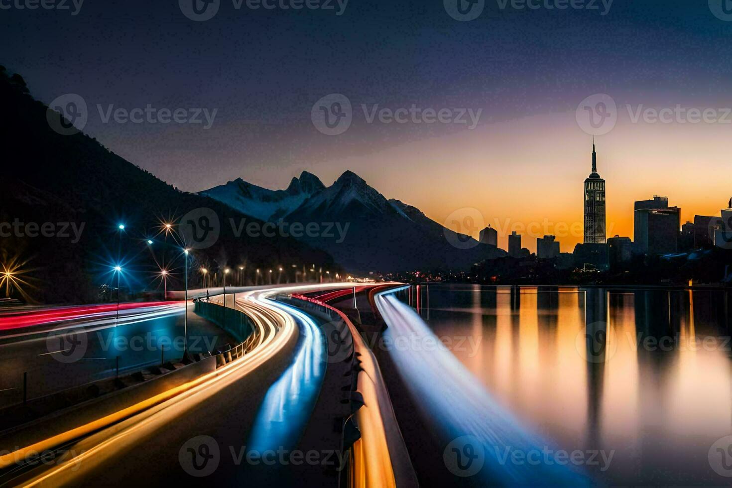 a city skyline at dusk with lights on the road. AI-Generated photo