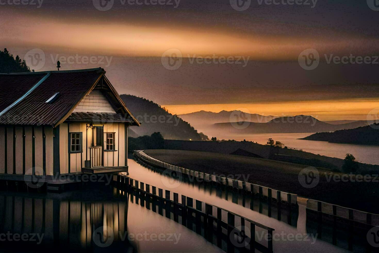 a small house sits on the edge of a lake at sunset. AI-Generated photo