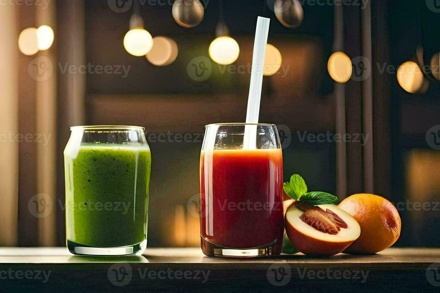 two glasses of juice with fruits and vegetables. AI-Generated photo