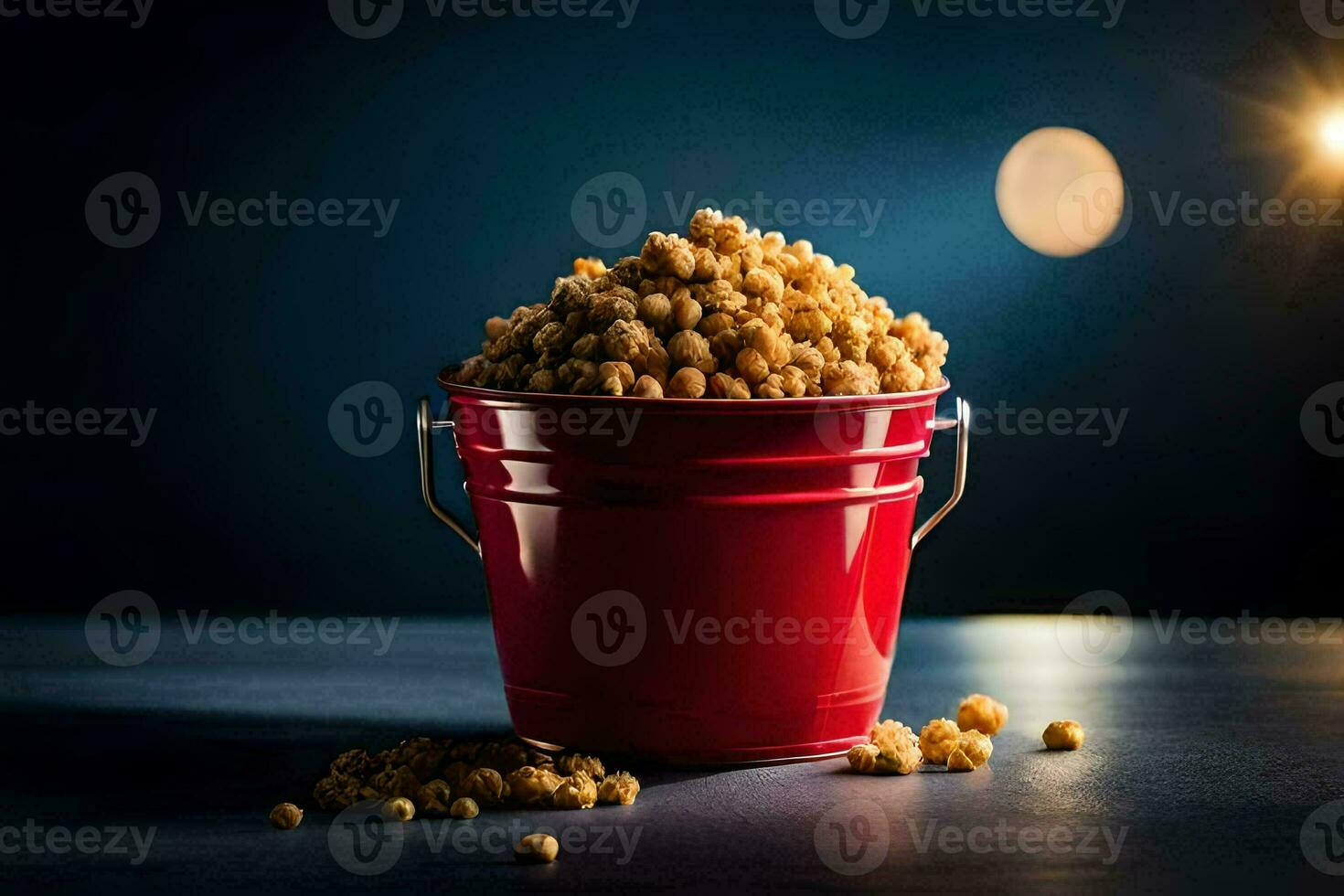 a bucket of popcorn on a table with a full moon in the background. AI-Generated photo