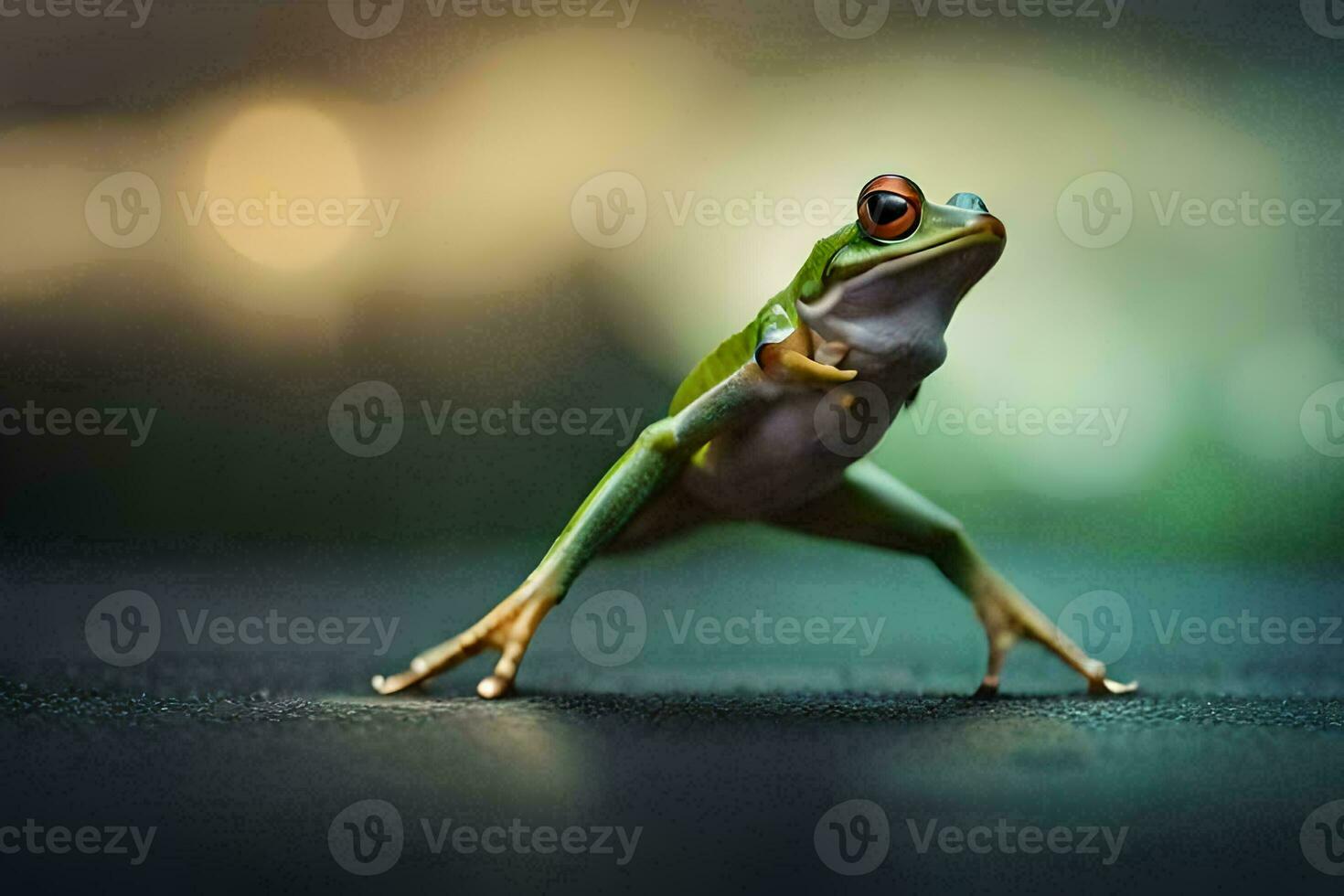 a frog is standing on its hind legs. AI-Generated photo