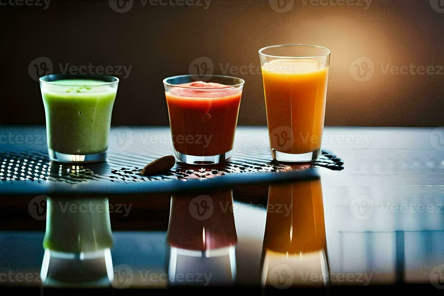 Tres diferente tipos de jugo son sentado en un mesa. generado por ai foto