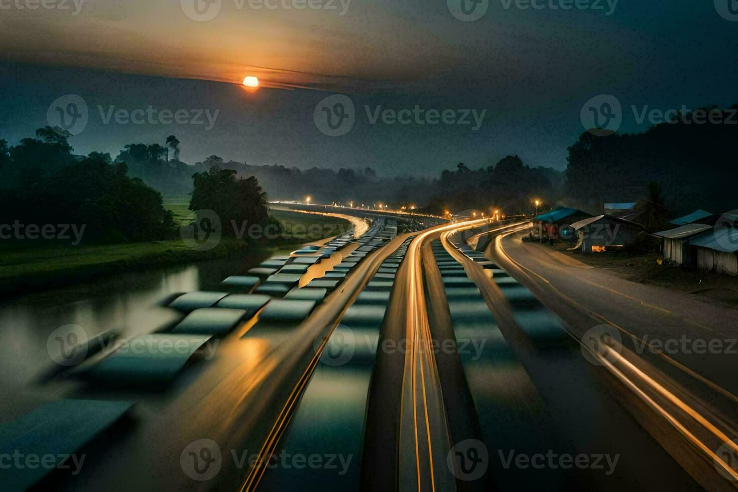 un largo exposición foto de tráfico en un autopista a puesta de sol. generado por ai