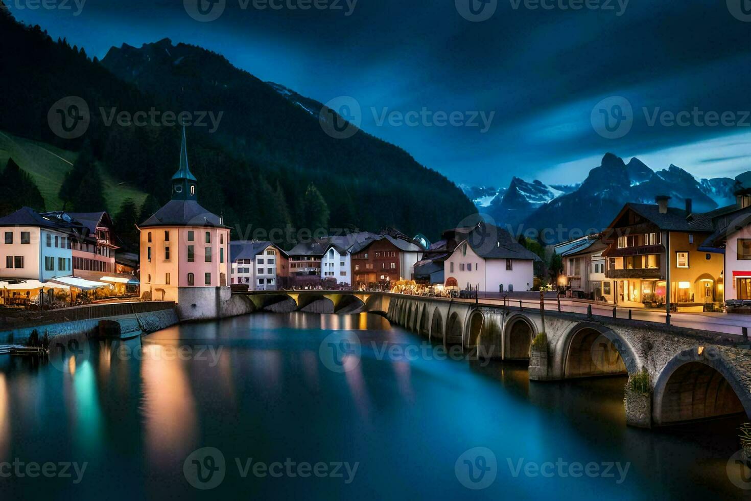 el pueblo de Altenburg en el suizo Alpes a oscuridad. generado por ai foto