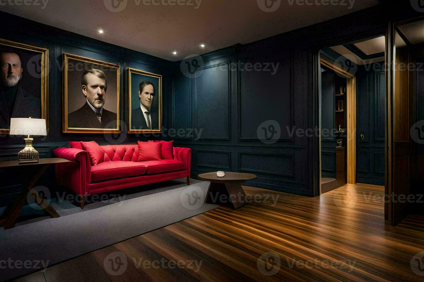 a room with dark blue walls and a red couch. AI-Generated photo