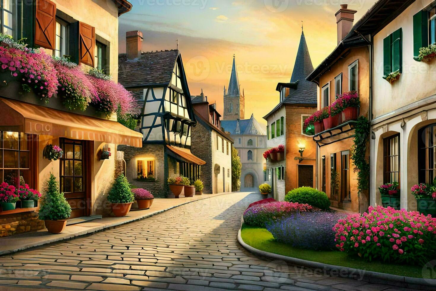 a street with flowers and buildings in the middle of a town. AI-Generated photo