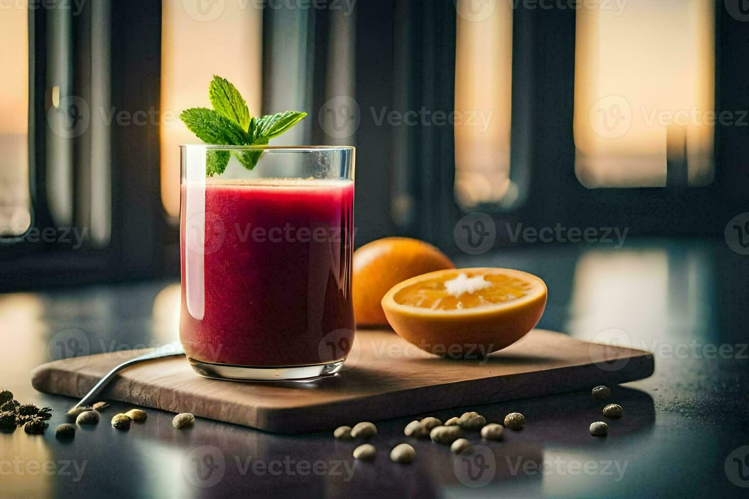 a glass of juice with an orange and mint on a table. AI-Generated photo