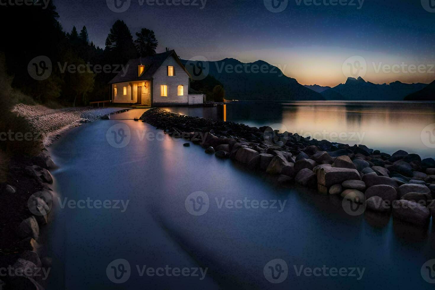 a house sits on the shore of a lake at night. AI-Generated photo