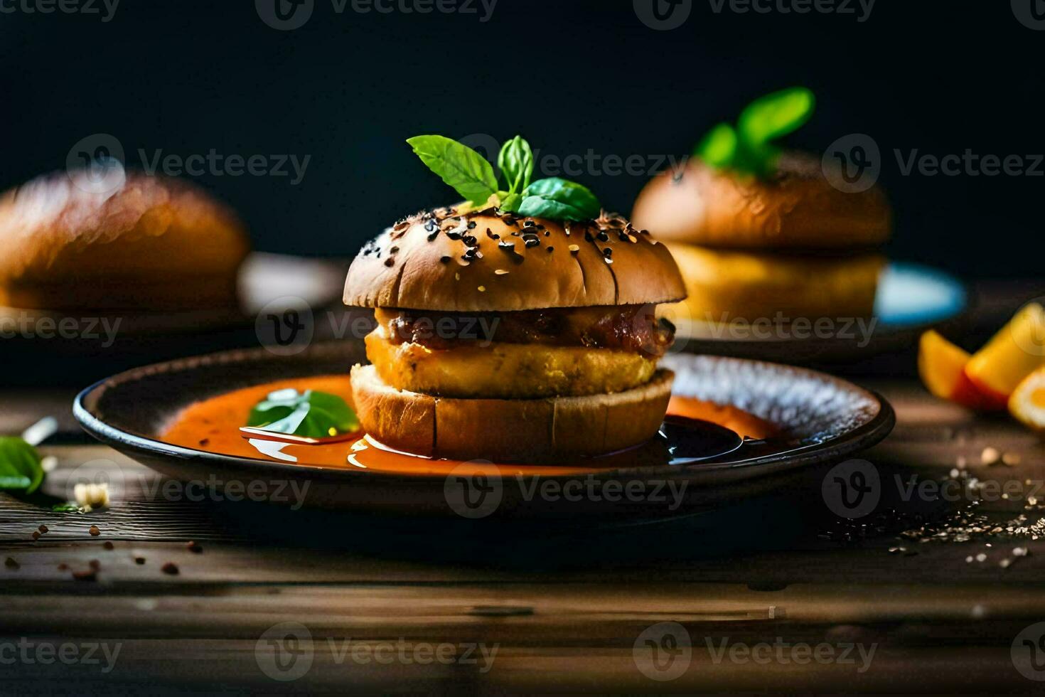a plate with a burger on it. AI-Generated photo