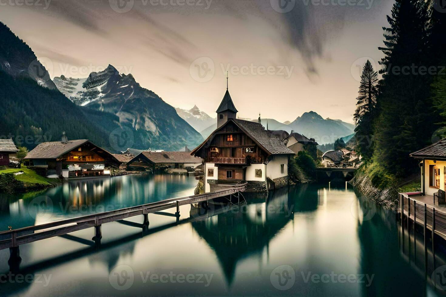 a lake and a small village in the mountains. AI-Generated photo