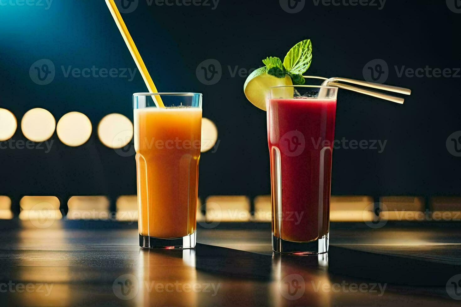 two glasses of juice with straws and a drink. AI-Generated photo