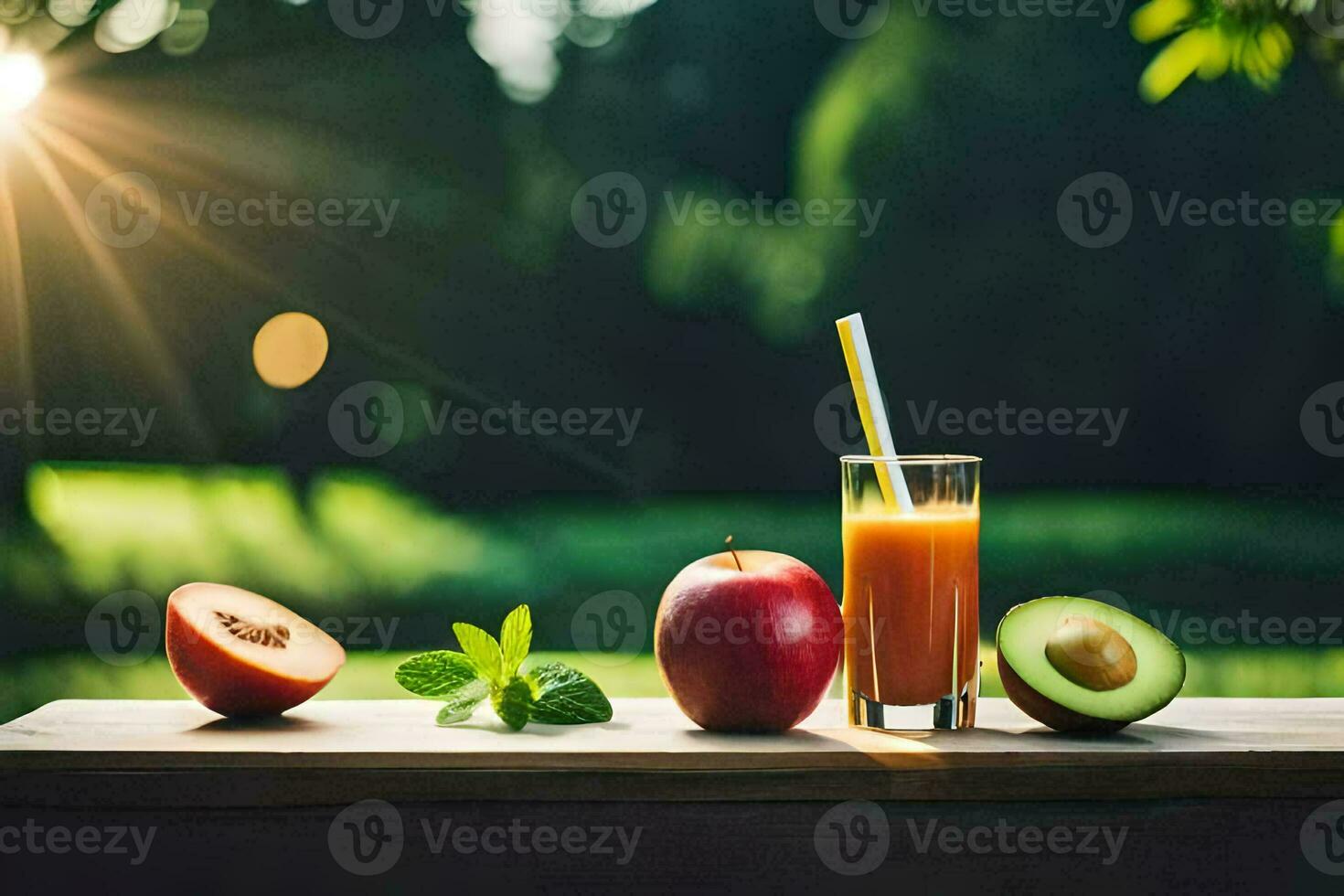 a glass of juice and an apple on a table. AI-Generated photo