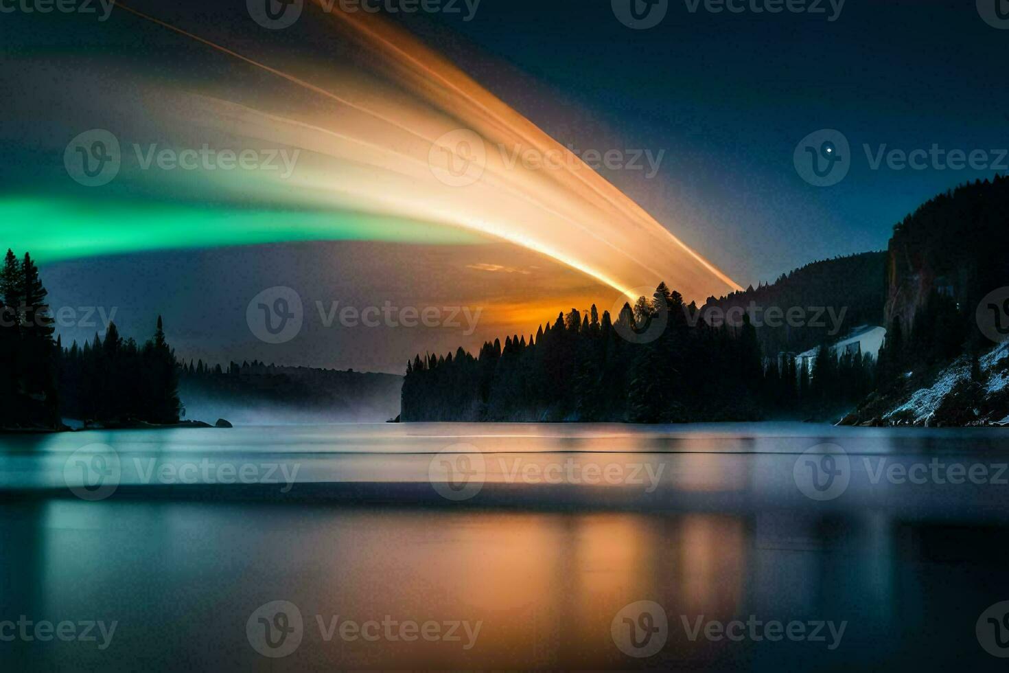 the aurora bore lights up the sky over a lake. AI-Generated photo