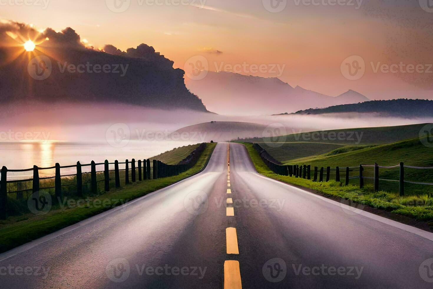 a road leading to the sun. AI-Generated photo