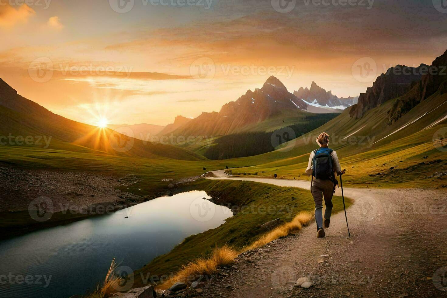 a person walking along a path in the mountains. AI-Generated photo