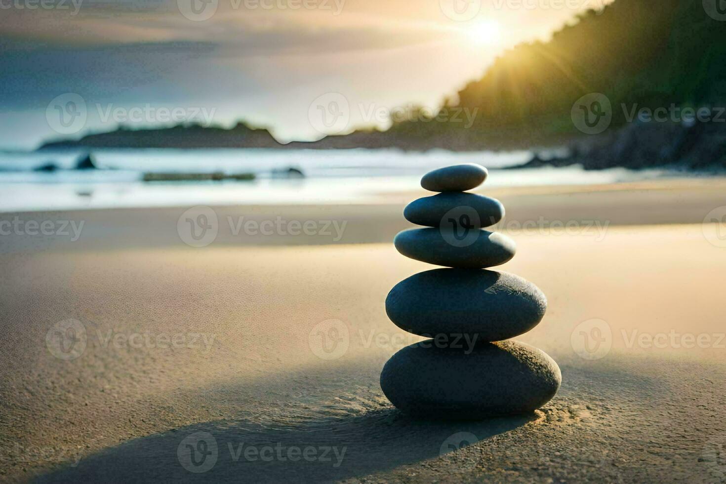 a stack of rocks on the beach at sunset. AI-Generated photo