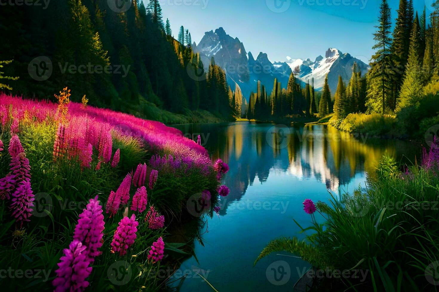 the mountains are reflected in the water and pink flowers. AI-Generated photo