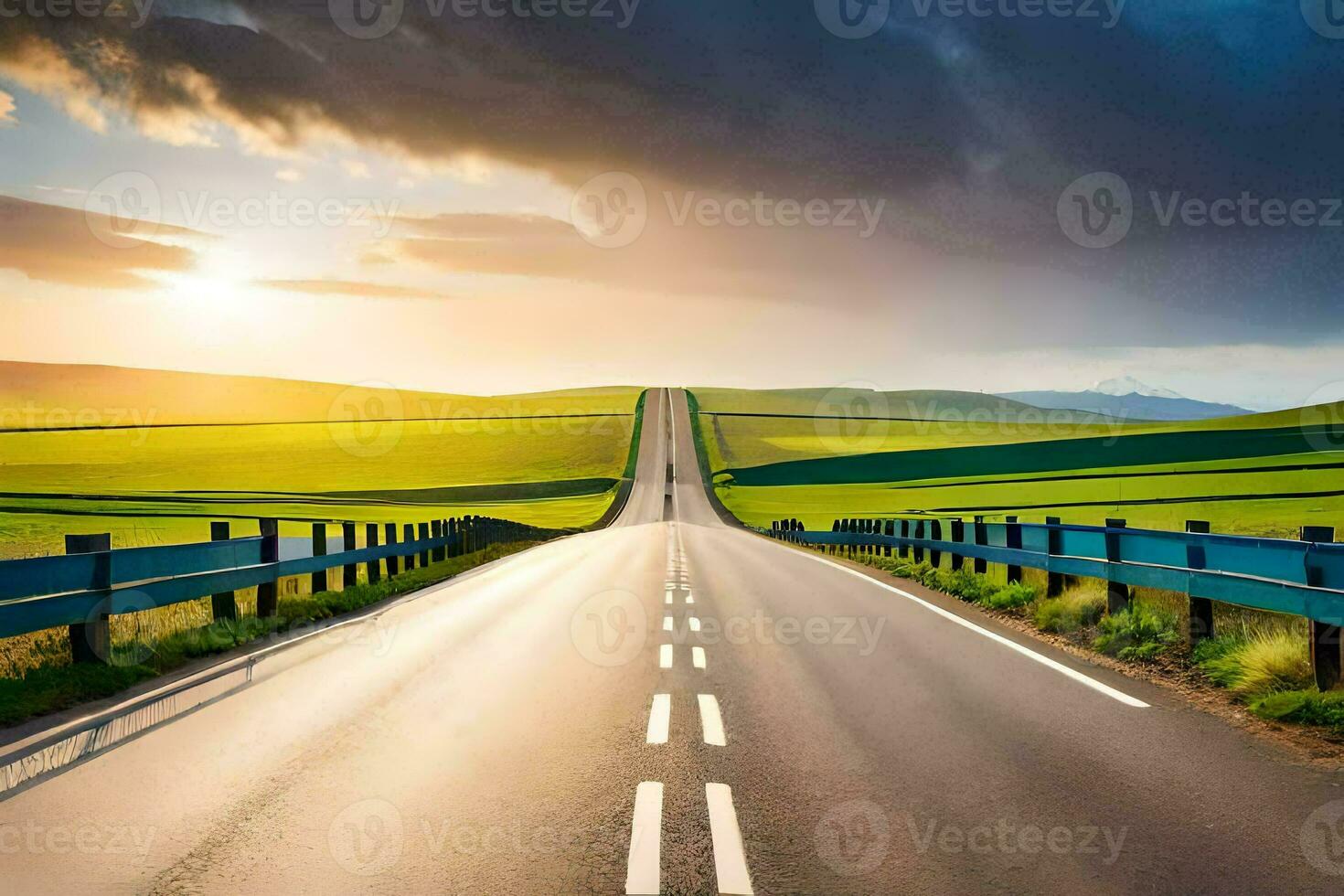 a long road with a bridge over a green field. AI-Generated photo