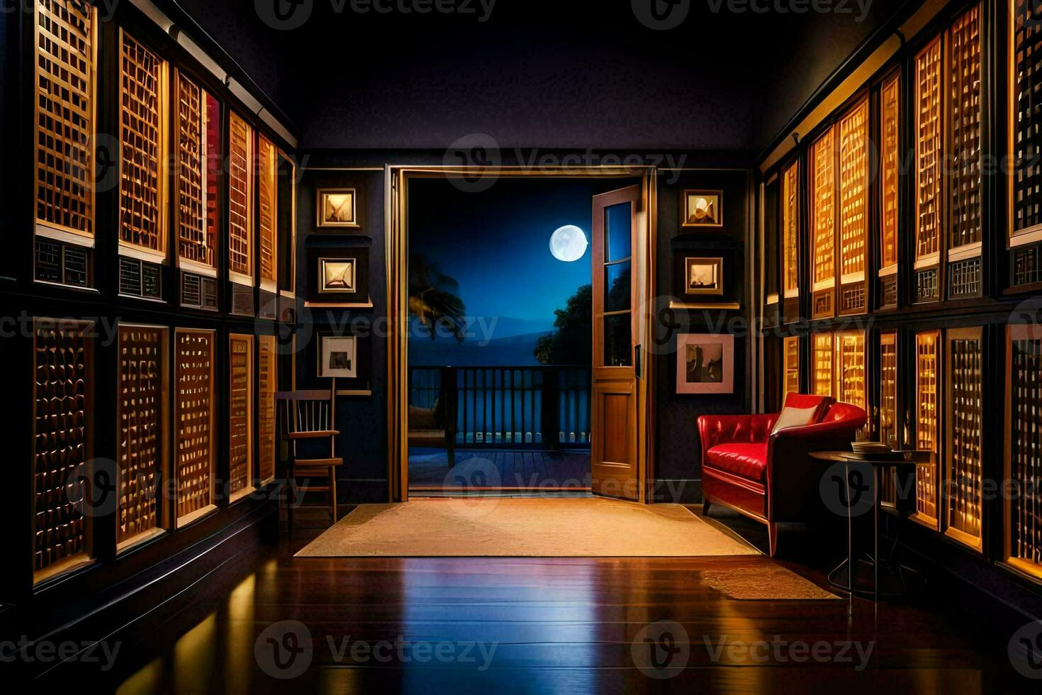 a wine cellar with a red chair and a door. AI-Generated photo