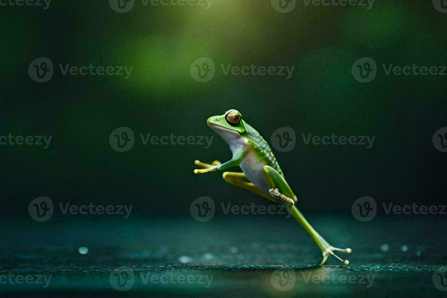 a frog jumping on a dark surface. AI-Generated photo