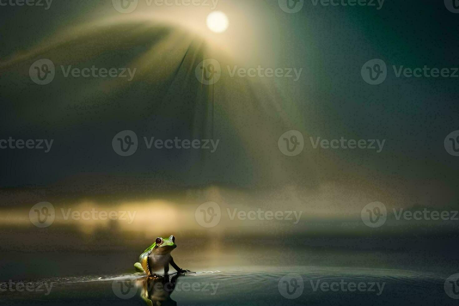 a frog sitting on the water in front of a bright light. AI-Generated photo