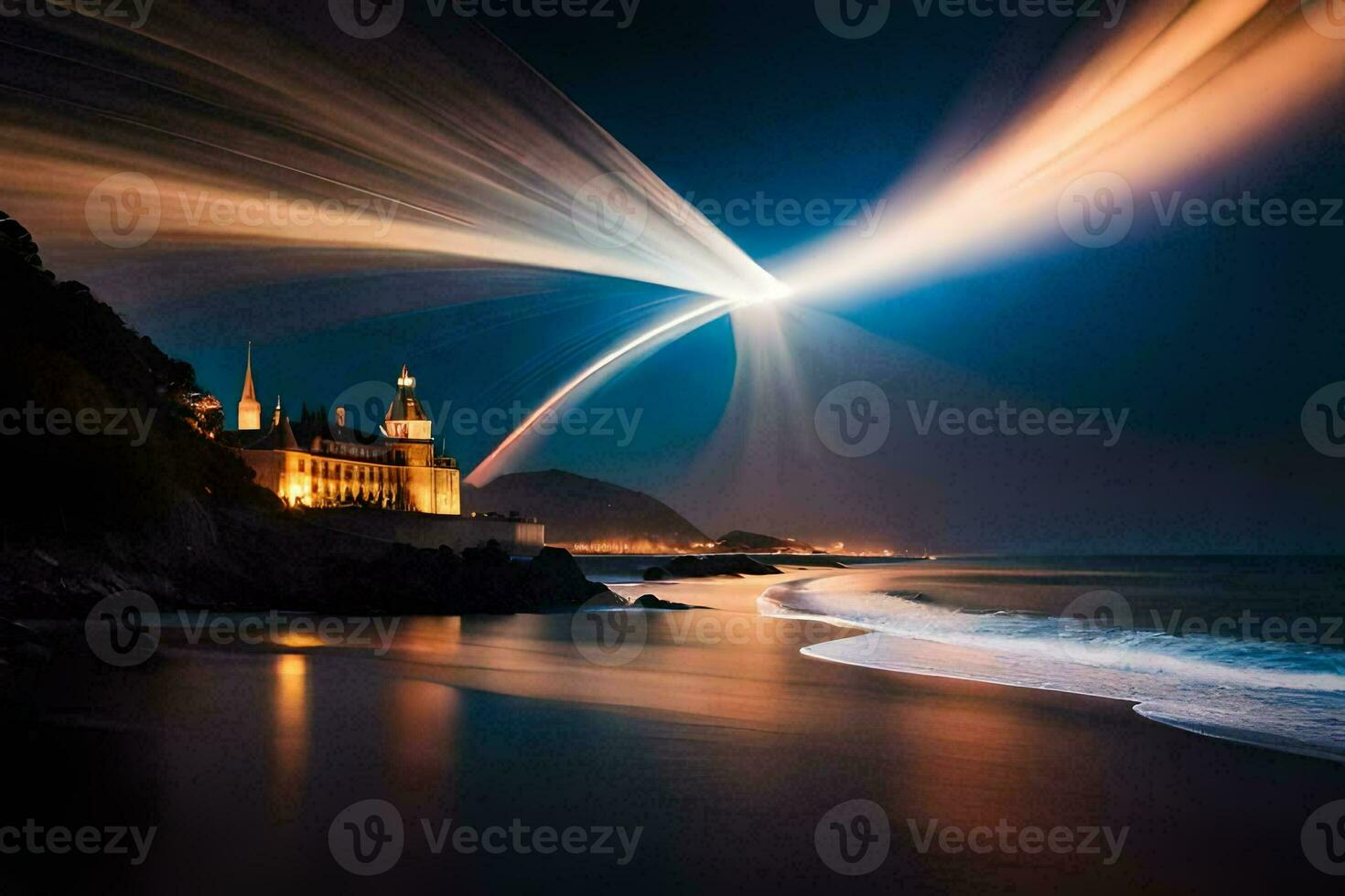 a long exposure photograph of a church and a beach at night. AI-Generated photo