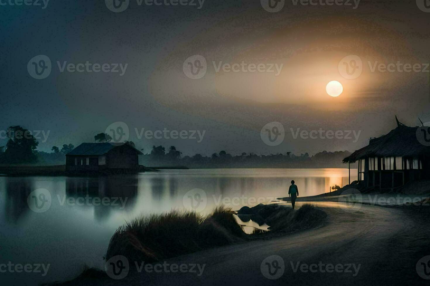 a man walks along the shore of a lake at night. AI-Generated photo