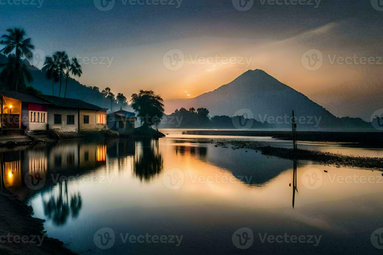 un río y casas en el primer plano a puesta de sol. generado por ai foto