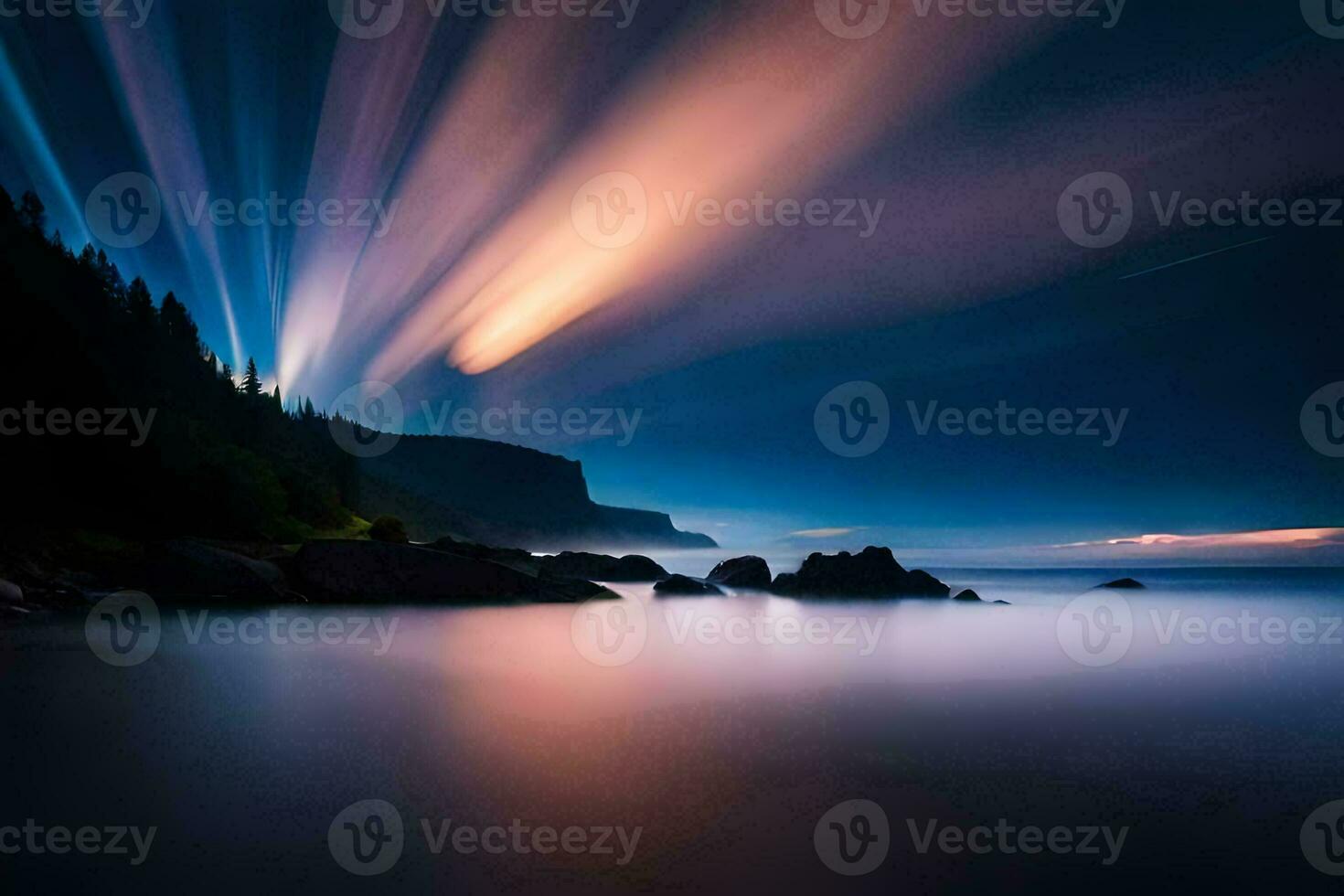 a long exposure photograph of the night sky and the ocean. AI-Generated photo