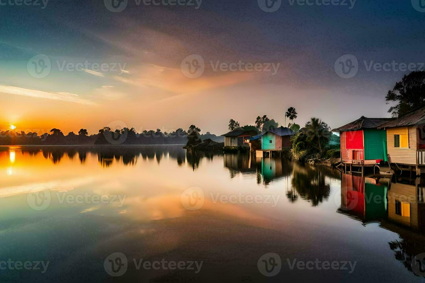 a beautiful sunset over a lake with colorful houses. AI-Generated photo