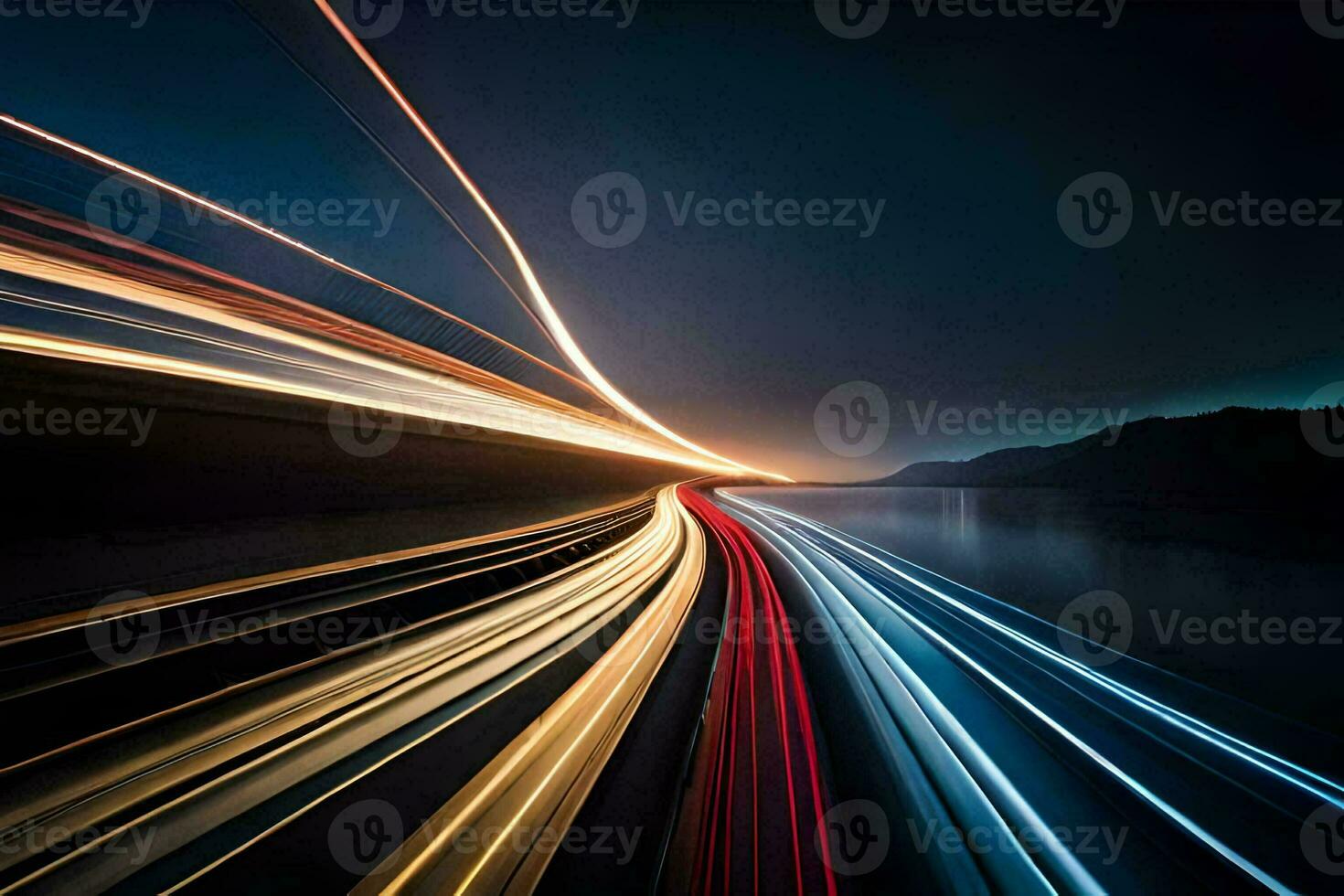 un largo exposición fotografía de un autopista a noche. generado por ai foto