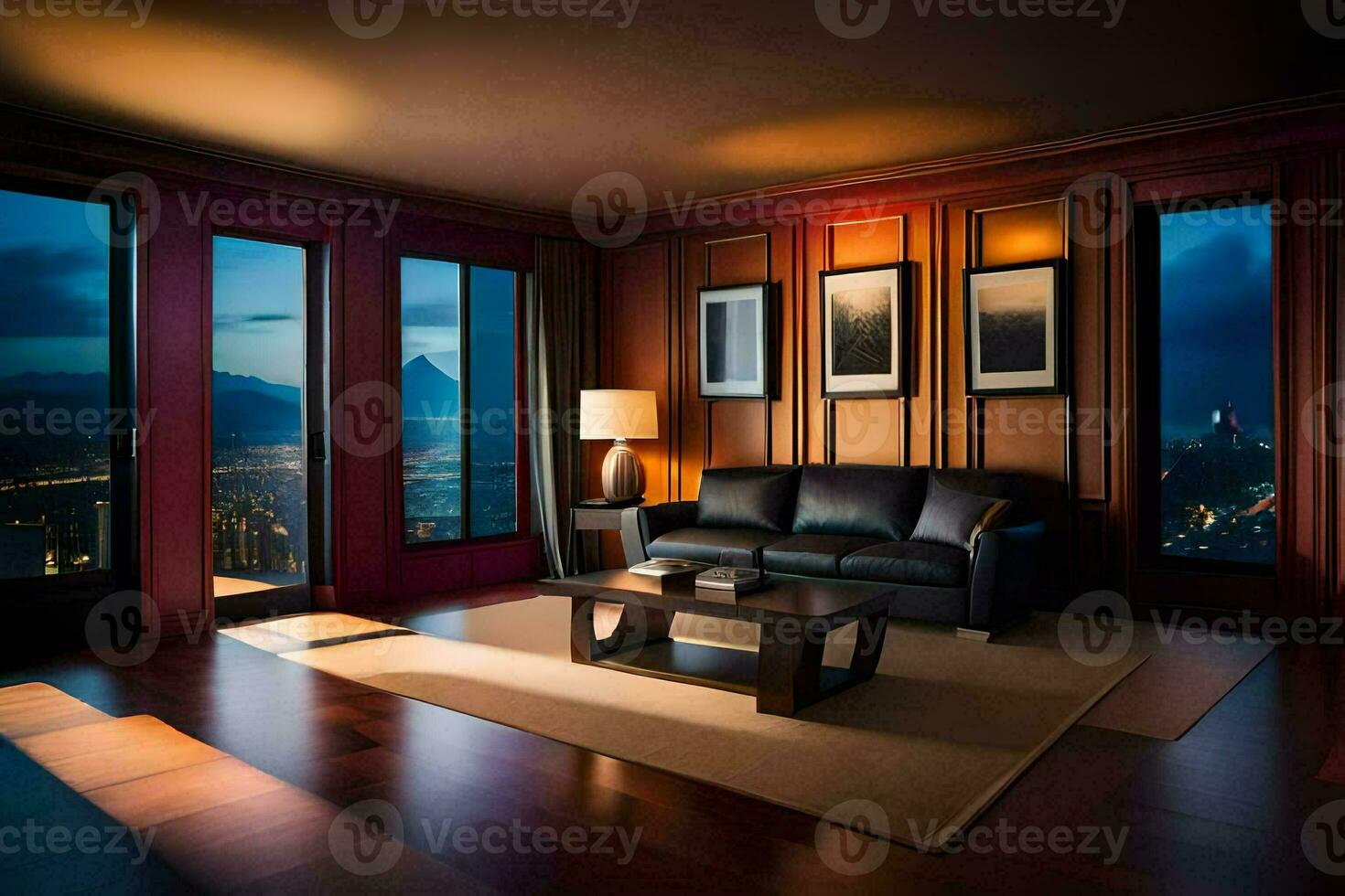 a living room with a view of the city. AI-Generated photo