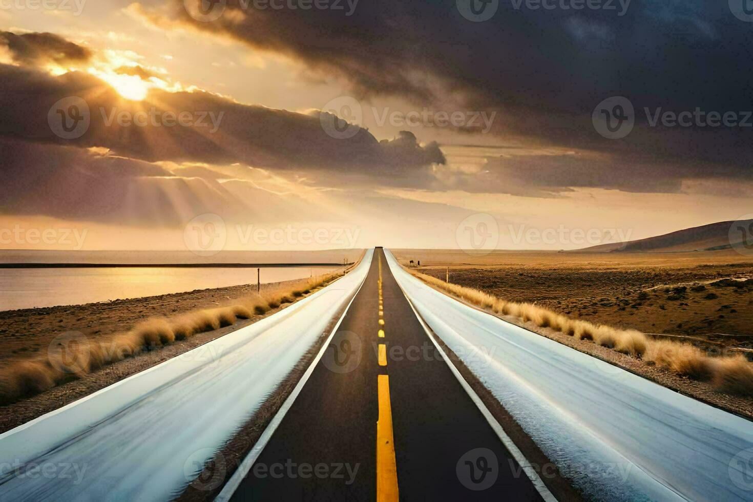 a long road with the sun shining through the clouds. AI-Generated photo