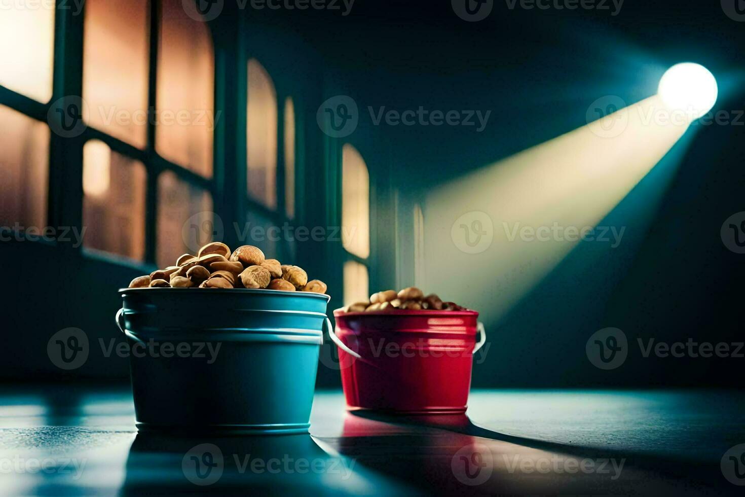 two buckets of peanuts sit on a table in front of a window. AI-Generated photo