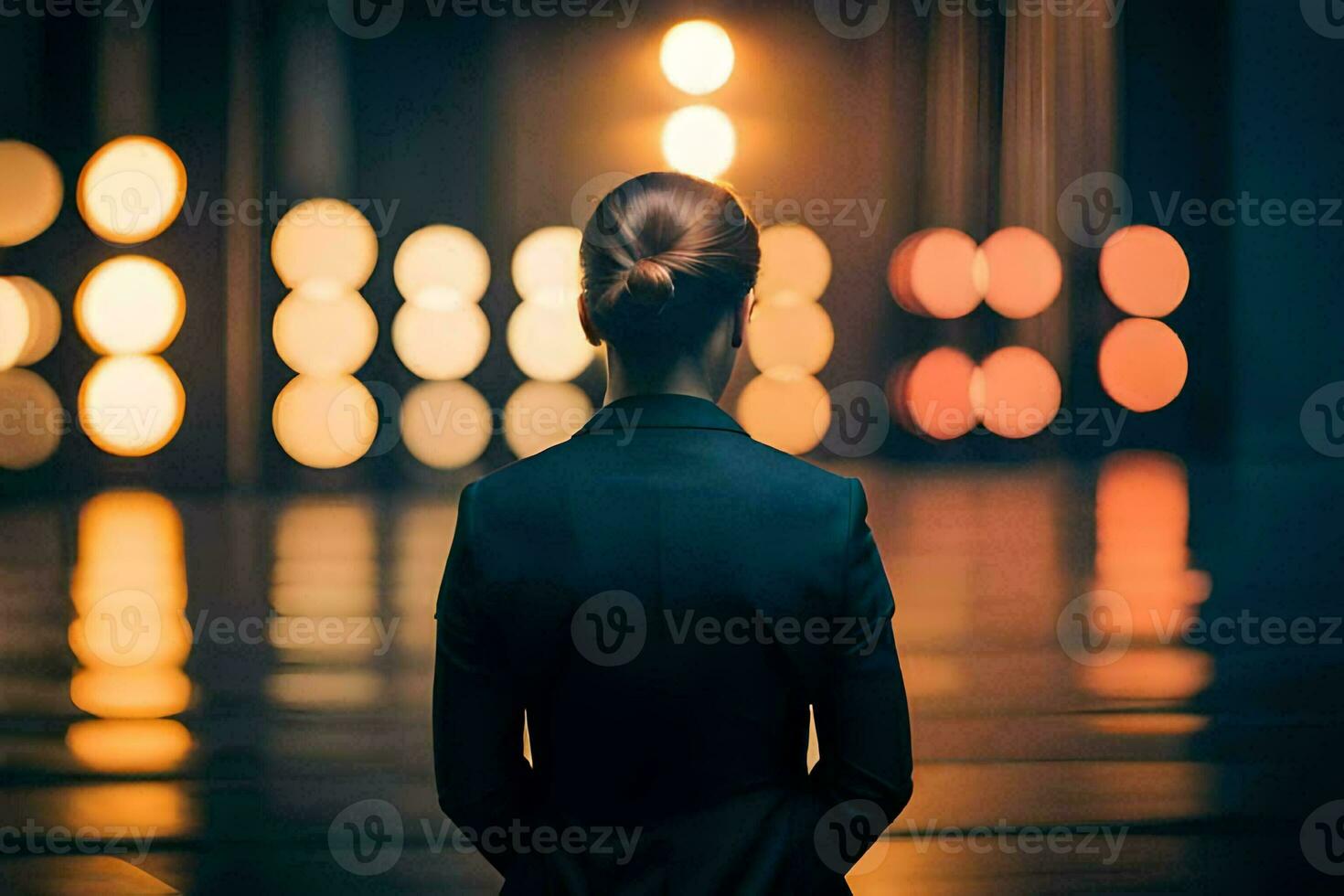 a woman in a suit stands in front of a lighted room. AI-Generated photo