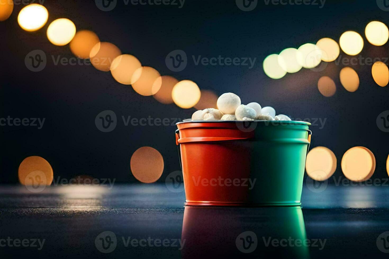 a bucket of popcorn on a table with lights in the background. AI-Generated photo