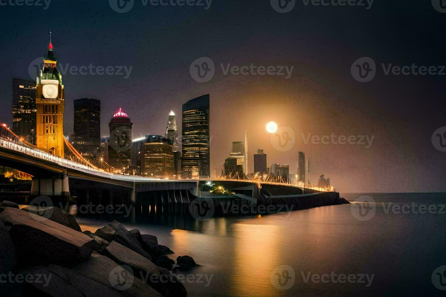 the moon rises over the city skyline at night. AI-Generated photo