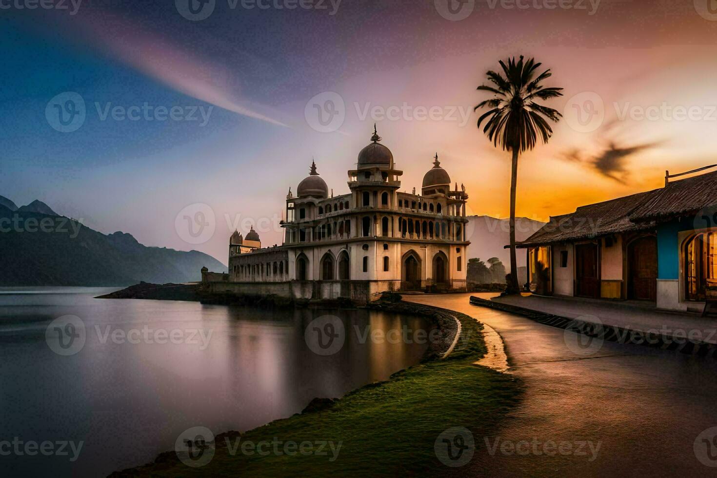 the sunset over a lake and a building. AI-Generated photo