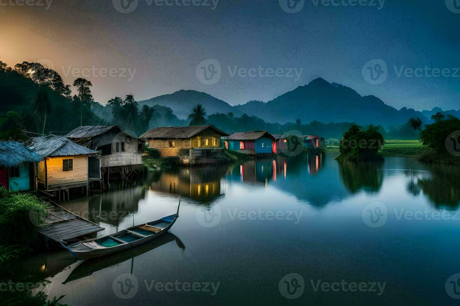 photo wallpaper the sky, water, mountains, house, village, the sky, water, mountains. AI-Generated